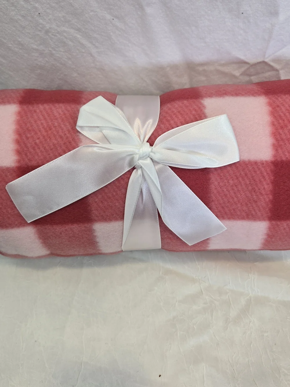 Pink Plaid Fleece Throw Blanket with Ribbon